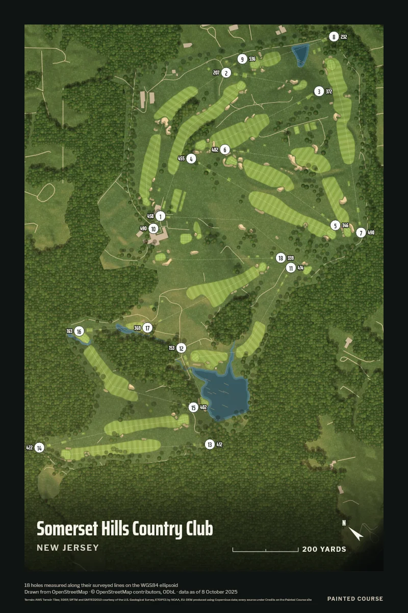 Somerset Hills Country Club, New Jersey, USA, drawn in the Aerial style from its OpenStreetMap survey: 18 holes, each numbered at its tee with its measured yards beside it.
