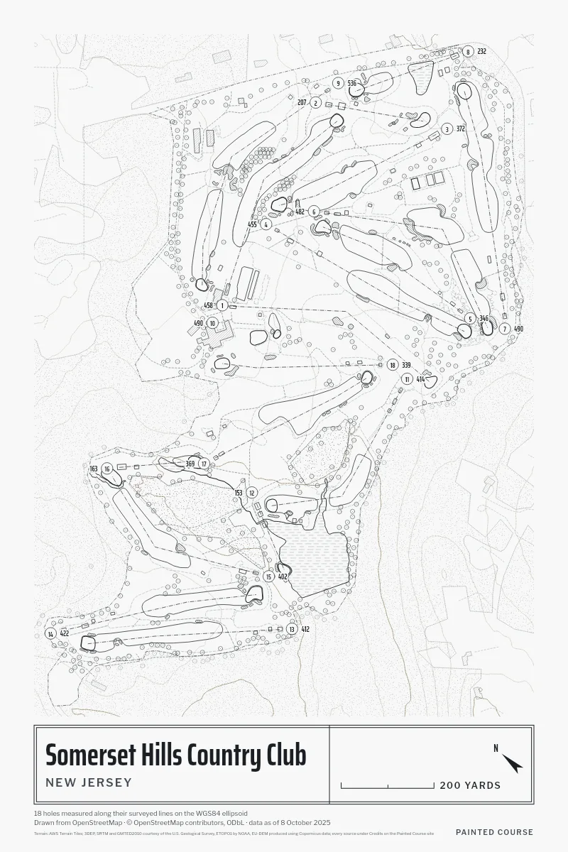 Somerset Hills Country Club, New Jersey, USA, drawn in the Architect style from its OpenStreetMap survey: 18 holes, each numbered at its tee with its measured yards beside it.