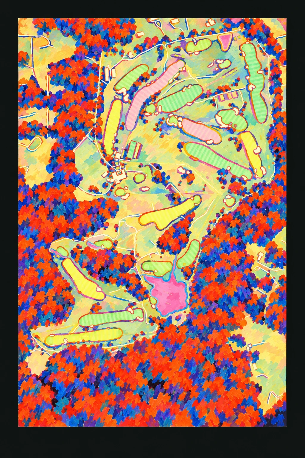 Somerset Hills Country Club, New Jersey, USA, seen from above and painted in the Fauve manner after the Fauves of 1905: the routing of its 18 holes, its greens and its bunkers, in paint.