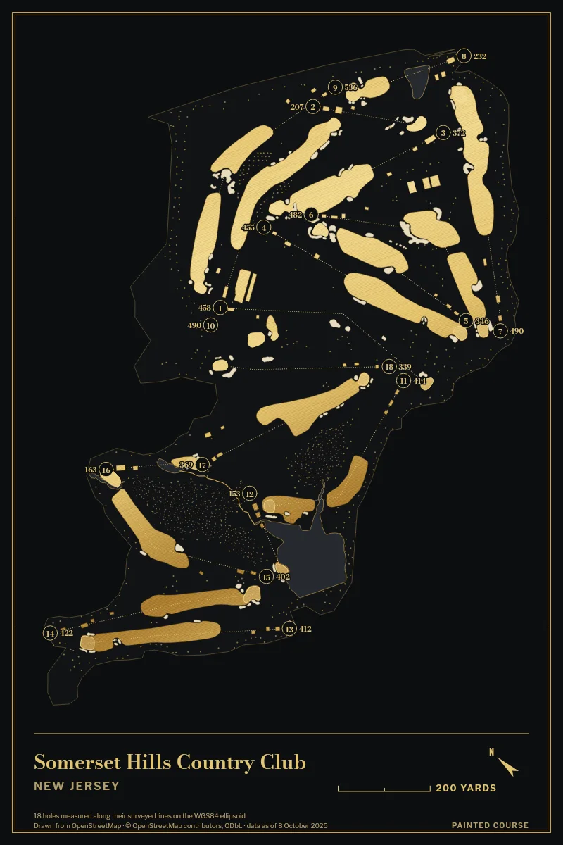 Somerset Hills Country Club, New Jersey, USA, drawn in the Gilt style from its OpenStreetMap survey: 18 holes, each numbered at its tee with its measured yards beside it.