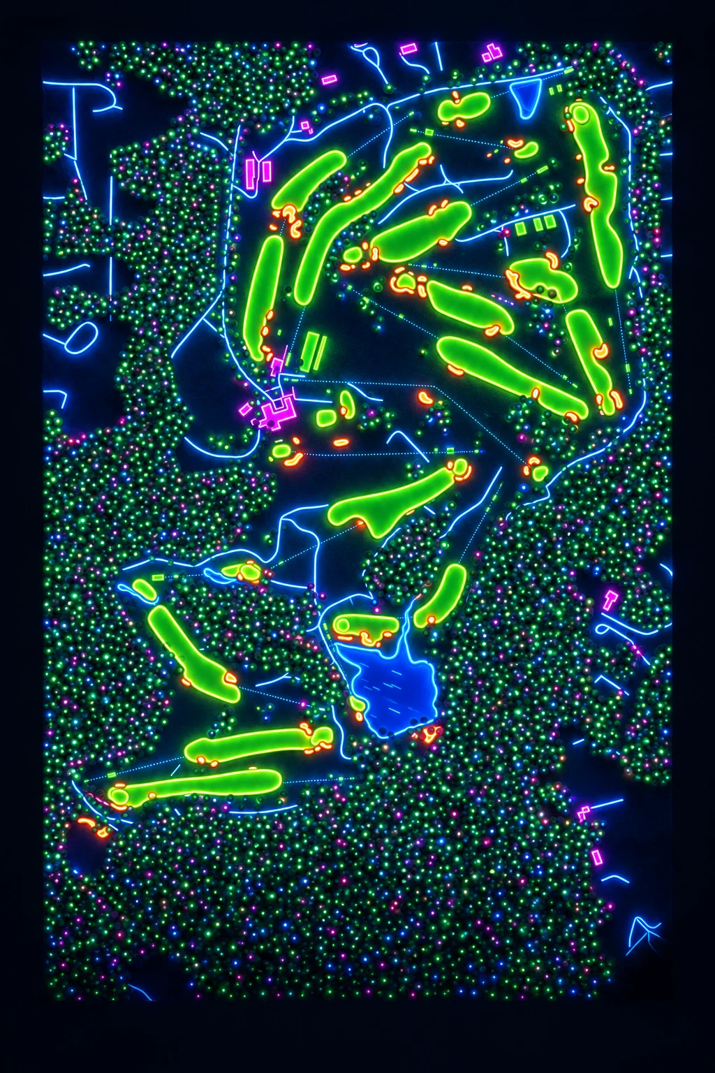Somerset Hills Country Club, New Jersey, USA, seen from above and painted in the Neon manner: the routing of its 18 holes, its greens and its bunkers, in paint.