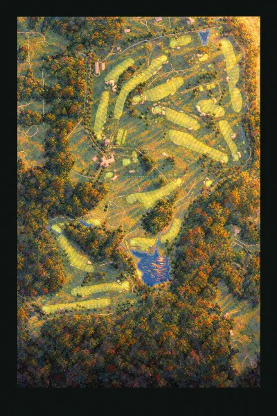 Somerset Hills Country Club, New Jersey, USA, drawn in the Gilt style from its OpenStreetMap survey: 18 holes, each numbered at its tee with its measured yards beside it.