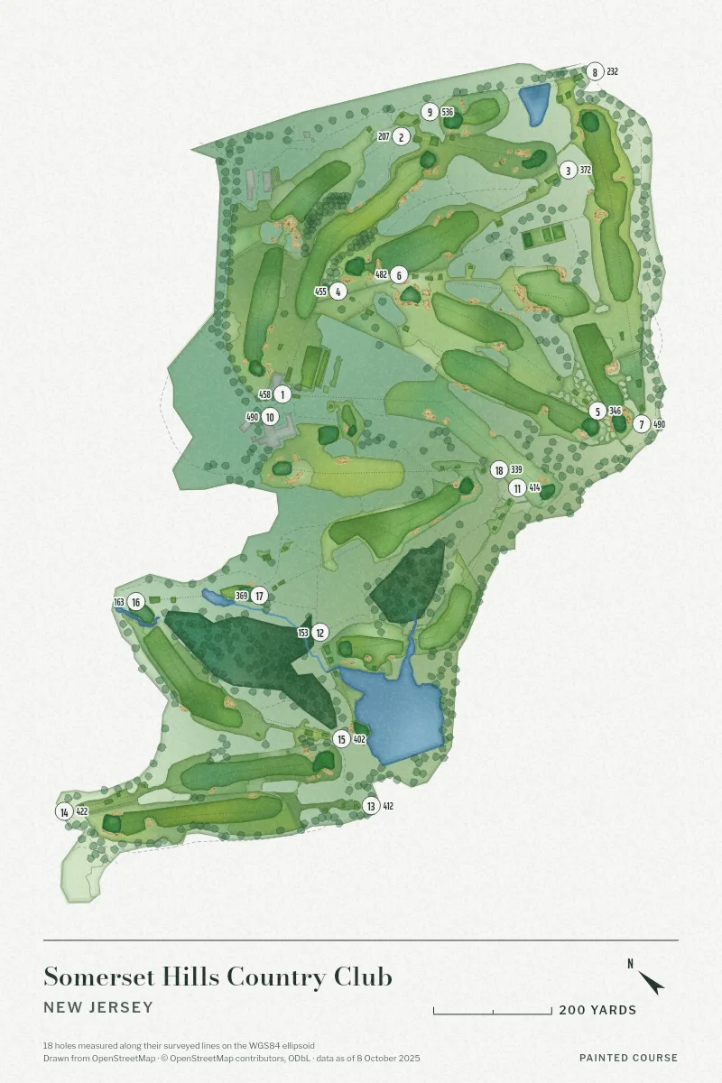 Somerset Hills Country Club, New Jersey, USA, drawn in the Watercolour style from its OpenStreetMap survey: 18 holes, each numbered at its tee with its measured yards beside it.