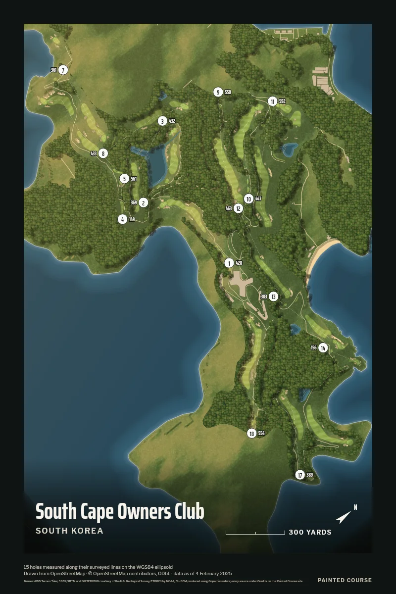 South Cape Owners Club, South Korea, drawn in the Aerial style from its OpenStreetMap survey: 15 holes, each numbered at its tee with its measured yards beside it.