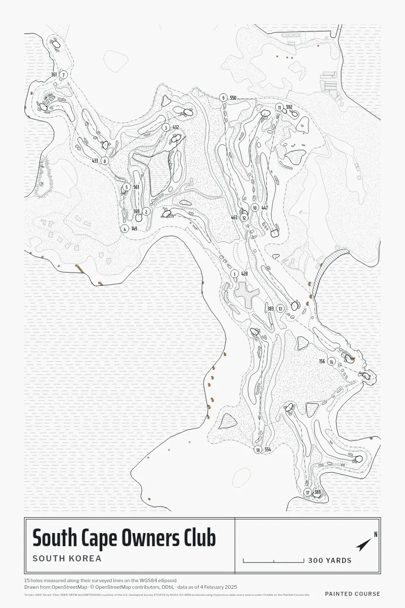 South Cape Owners Club, South Korea, drawn in the Architect style from its OpenStreetMap survey: 15 holes, each numbered at its tee with its measured yards beside it.