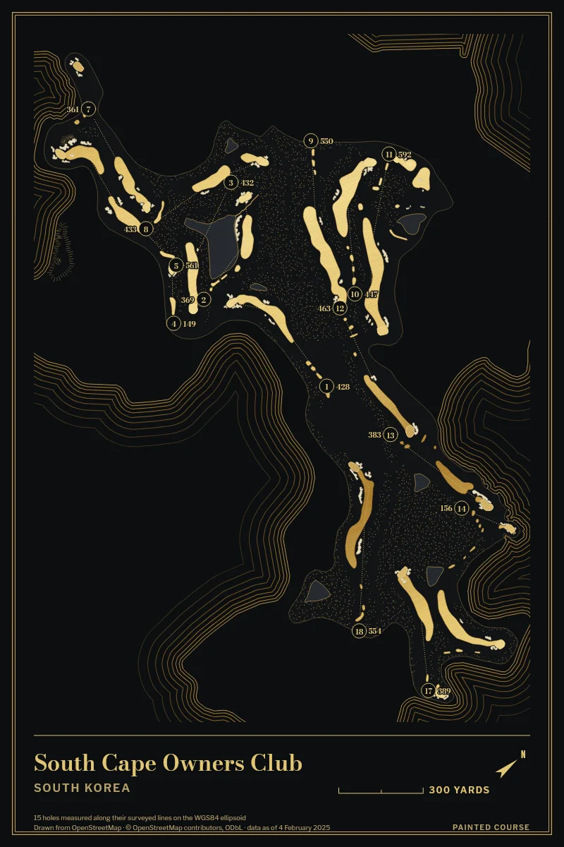 South Cape Owners Club, South Korea, drawn in the Gilt style from its OpenStreetMap survey: 15 holes, each numbered at its tee with its measured yards beside it.