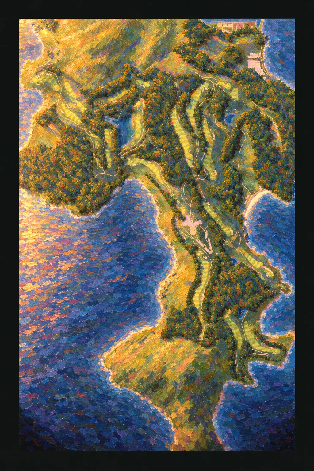 South Cape Owners Club, South Korea, seen from above and painted in the Impressionist manner after Claude Monet: the routing of its 15 holes, its greens and its bunkers, in paint.