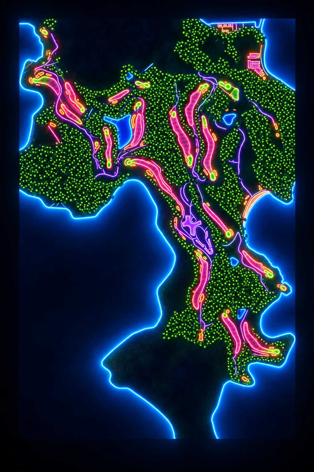 South Cape Owners Club, South Korea, seen from above and painted in the Neon manner: the routing of its 15 holes, its greens and its bunkers, in paint.