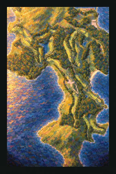 South Cape Owners Club, South Korea, drawn in the Gilt style from its OpenStreetMap survey: 15 holes, each numbered at its tee with its measured yards beside it.