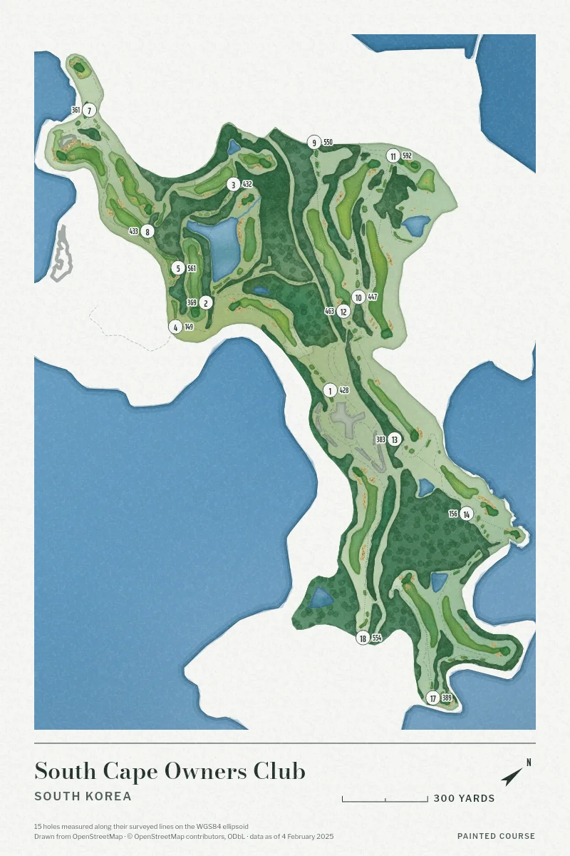 South Cape Owners Club, South Korea, drawn in the Watercolour style from its OpenStreetMap survey: 15 holes, each numbered at its tee with its measured yards beside it.