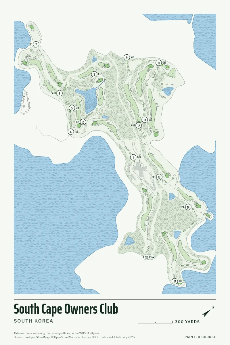 South Cape Owners Club, South Korea, drawn in the Yardage style from its OpenStreetMap survey: 15 holes, each numbered at its tee with its measured yards beside it.