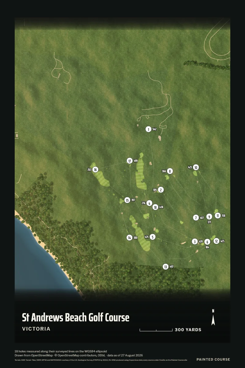 St Andrews Beach Golf Course, Victoria, Australia, drawn in the Aerial style from its OpenStreetMap survey: 18 holes, each numbered at its tee with its measured yards beside it.