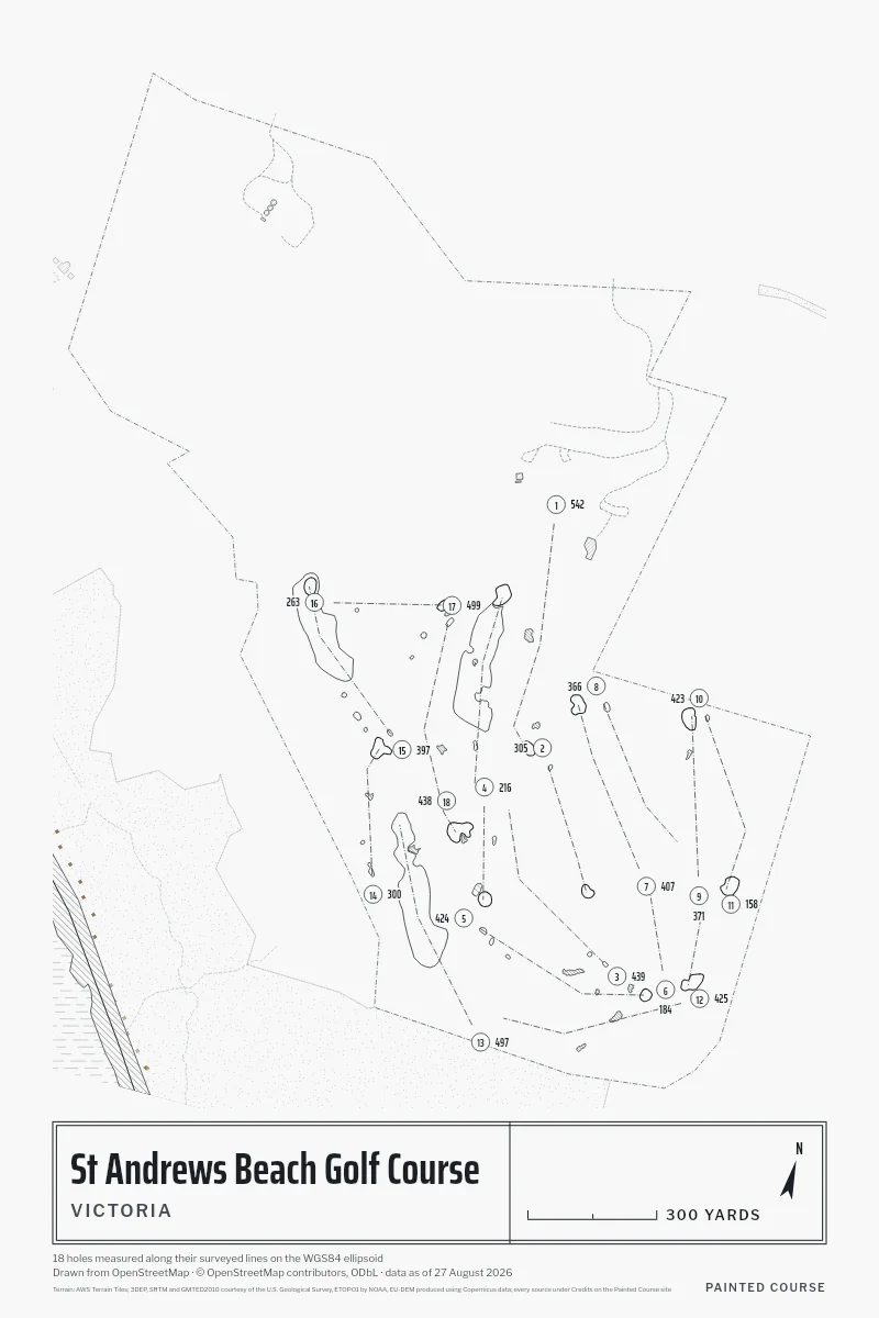 St Andrews Beach Golf Course, Victoria, Australia, drawn in the Architect style from its OpenStreetMap survey: 18 holes, each numbered at its tee with its measured yards beside it.