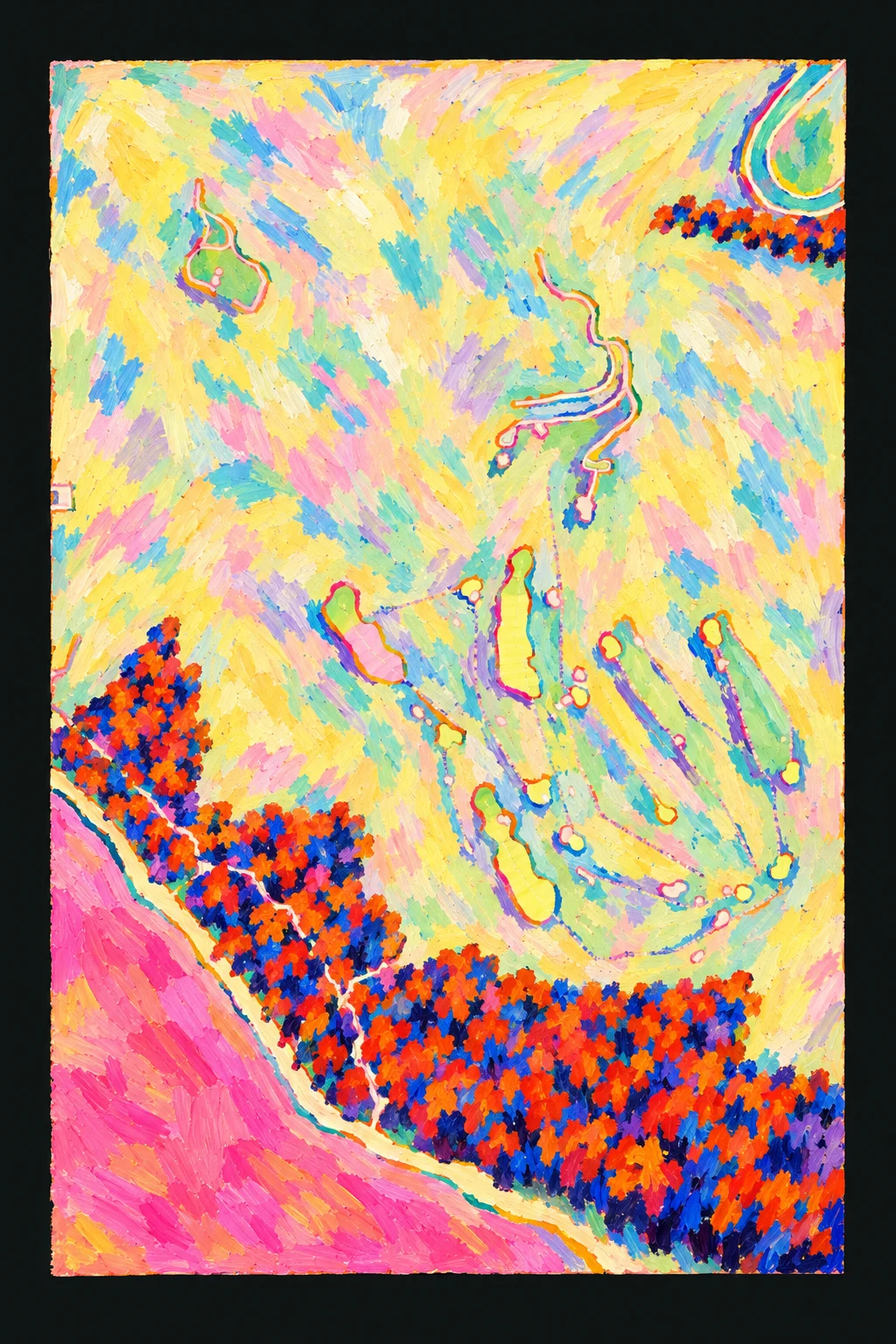 St Andrews Beach Golf Course, Victoria, Australia, seen from above and painted in the Fauve manner after the Fauves of 1905: the routing of its 18 holes, its greens and its bunkers, in paint.