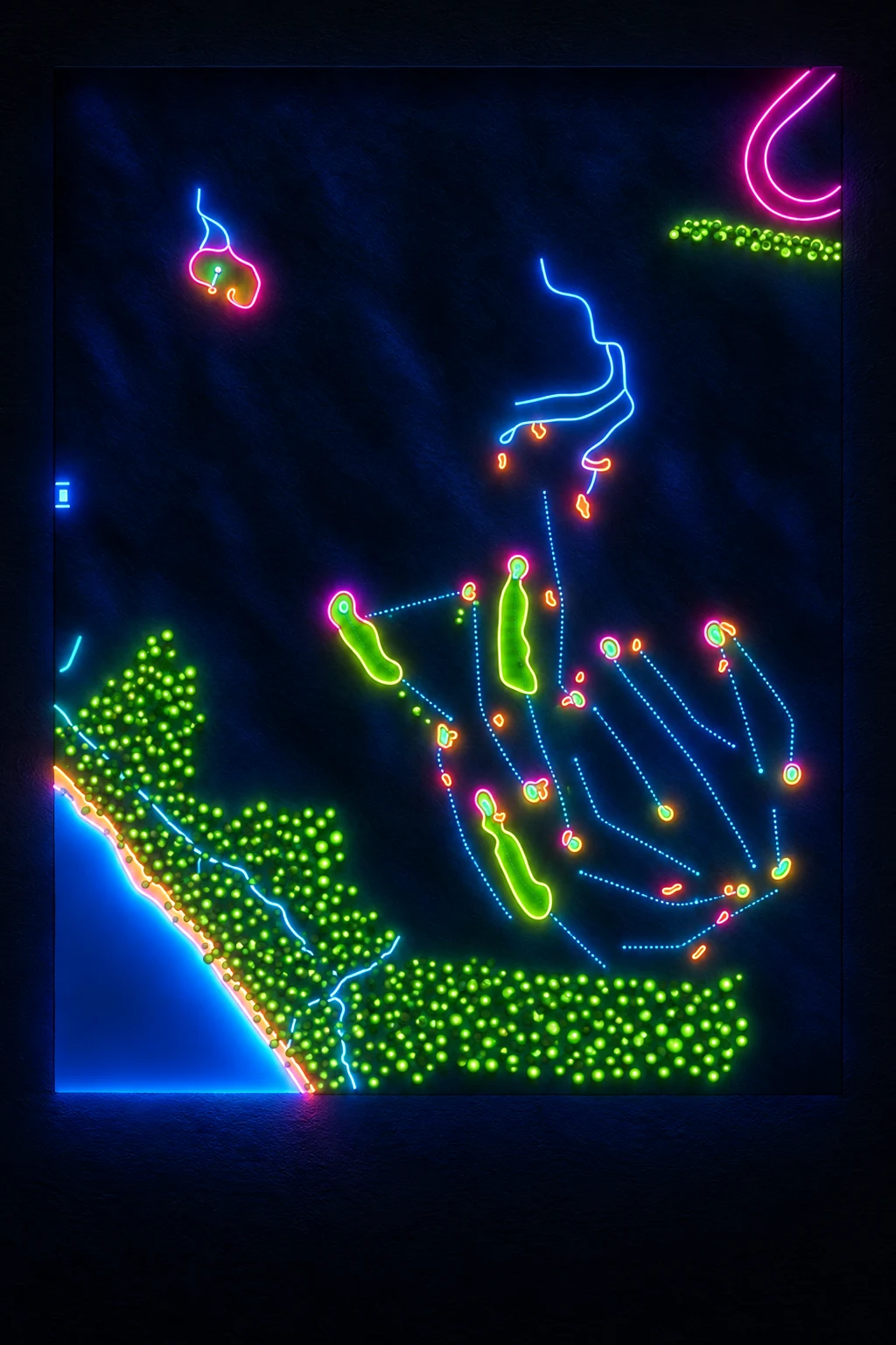 St Andrews Beach Golf Course, Victoria, Australia, seen from above and painted in the Neon manner: the routing of its 18 holes, its greens and its bunkers, in paint.