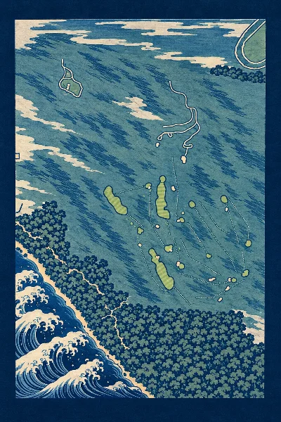 St Andrews Beach Golf Course, Victoria, Australia, drawn in the Gilt style from its OpenStreetMap survey: 18 holes, each numbered at its tee with its measured yards beside it.