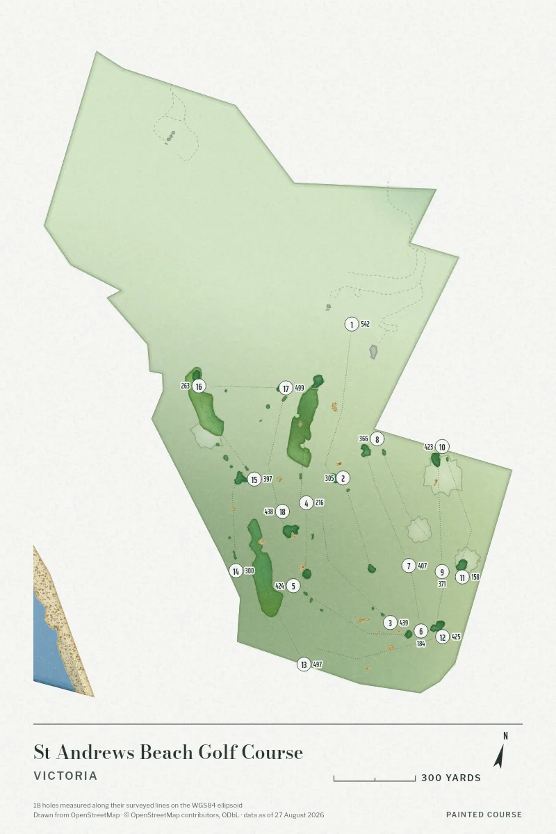 St Andrews Beach Golf Course, Victoria, Australia, drawn in the Watercolour style from its OpenStreetMap survey: 18 holes, each numbered at its tee with its measured yards beside it.