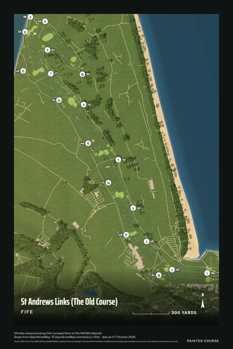 St Andrews Links (The Old Course), Fife, Scotland, drawn in the Aerial style from its OpenStreetMap survey: 18 holes, each numbered at its tee with its measured yards beside it.