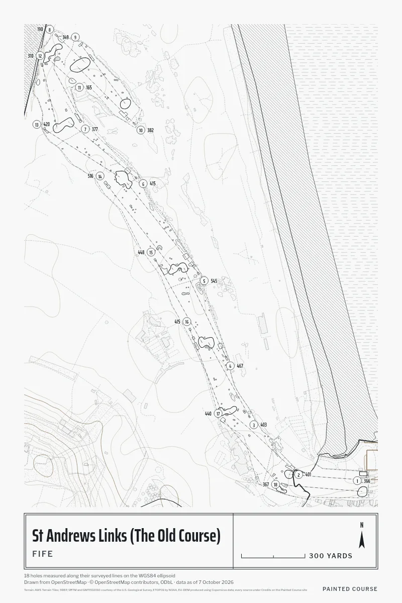 St Andrews Links (The Old Course), Fife, Scotland, drawn in the Architect style from its OpenStreetMap survey: 18 holes, each numbered at its tee with its measured yards beside it.