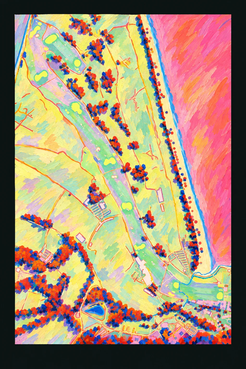 St Andrews Links (The Old Course), Fife, Scotland, seen from above and painted in the Fauve manner after the Fauves of 1905: the routing of its 18 holes, its greens and its bunkers, in paint.