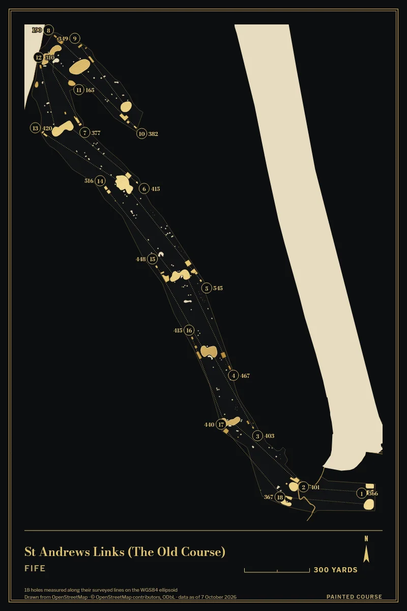 St Andrews Links (The Old Course), Fife, Scotland, drawn in the Gilt style from its OpenStreetMap survey: 18 holes, each numbered at its tee with its measured yards beside it.