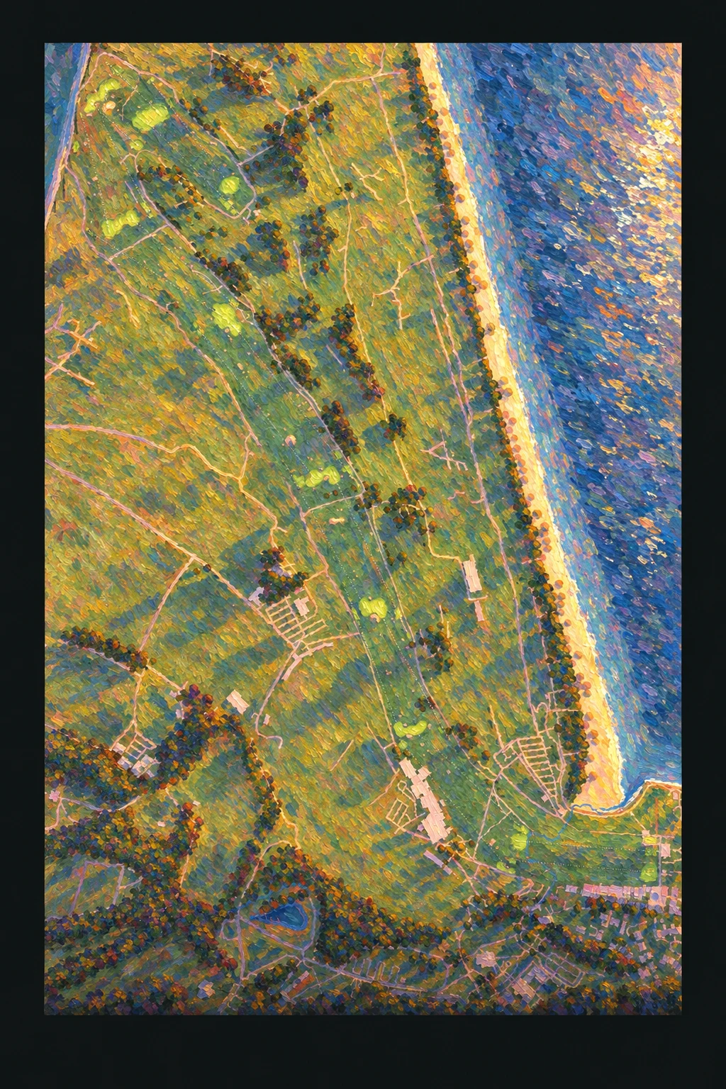 St Andrews Links (The Old Course), Fife, Scotland, seen from above and painted in the Impressionist manner after Claude Monet: the routing of its 18 holes, its greens and its bunkers, in paint.