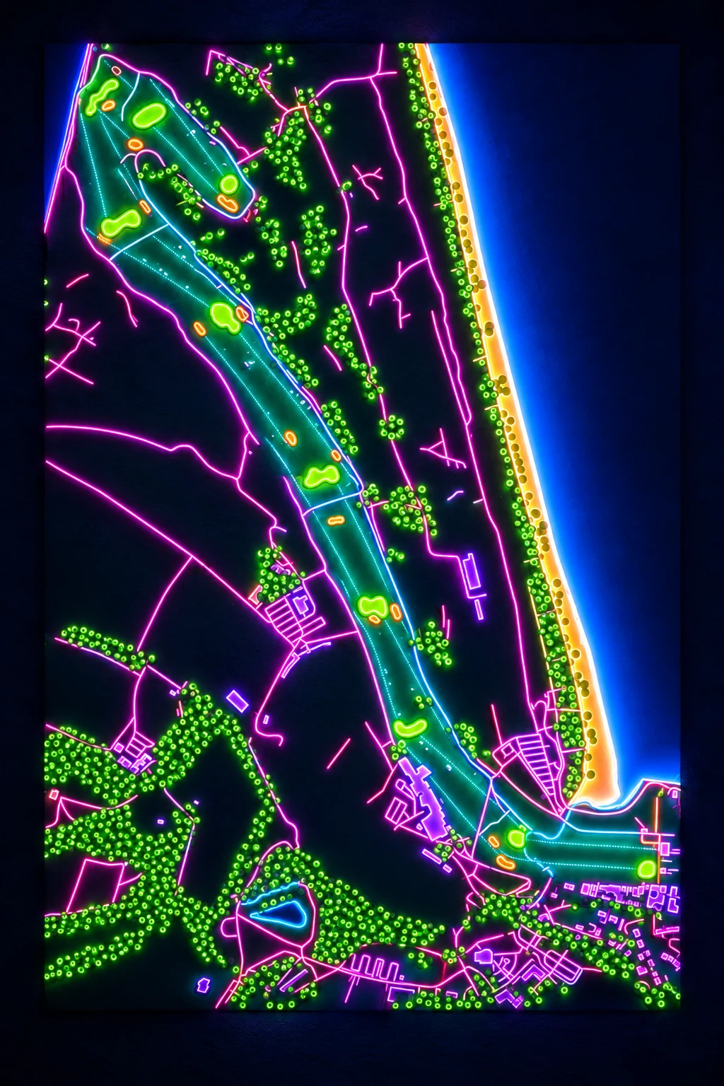 St Andrews Links (The Old Course), Fife, Scotland, seen from above and painted in the Neon manner: the routing of its 18 holes, its greens and its bunkers, in paint.