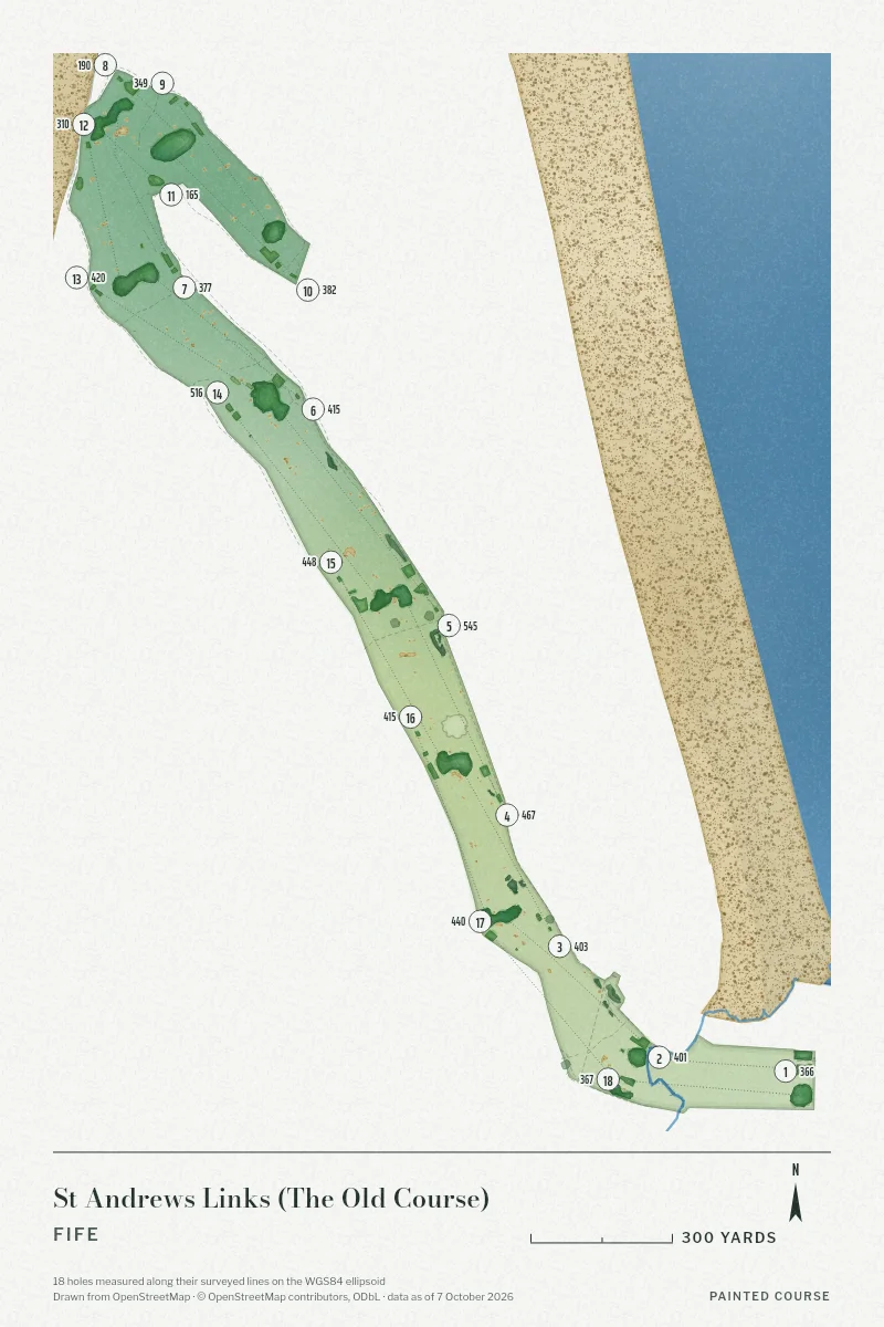 St Andrews Links (The Old Course), Fife, Scotland, drawn in the Watercolour style from its OpenStreetMap survey: 18 holes, each numbered at its tee with its measured yards beside it.