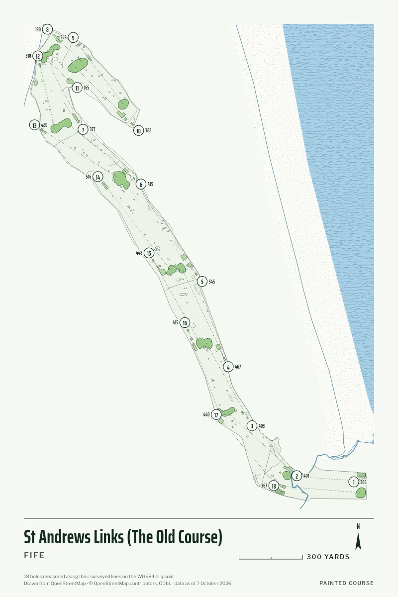 St Andrews Links (The Old Course), Fife, Scotland, drawn in the Yardage style from its OpenStreetMap survey: 18 holes, each numbered at its tee with its measured yards beside it.