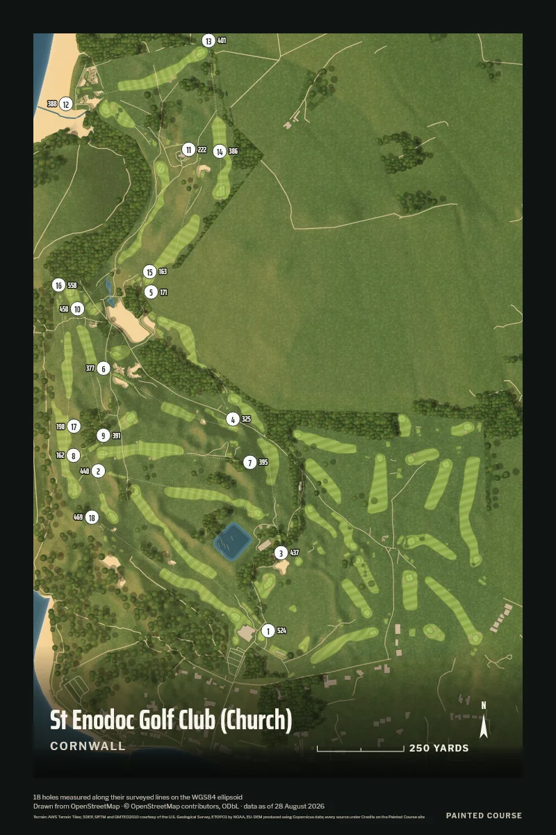 St Enodoc Golf Club (Church), Cornwall, England, drawn in the Aerial style from its OpenStreetMap survey: 18 holes, each numbered at its tee with its measured yards beside it.