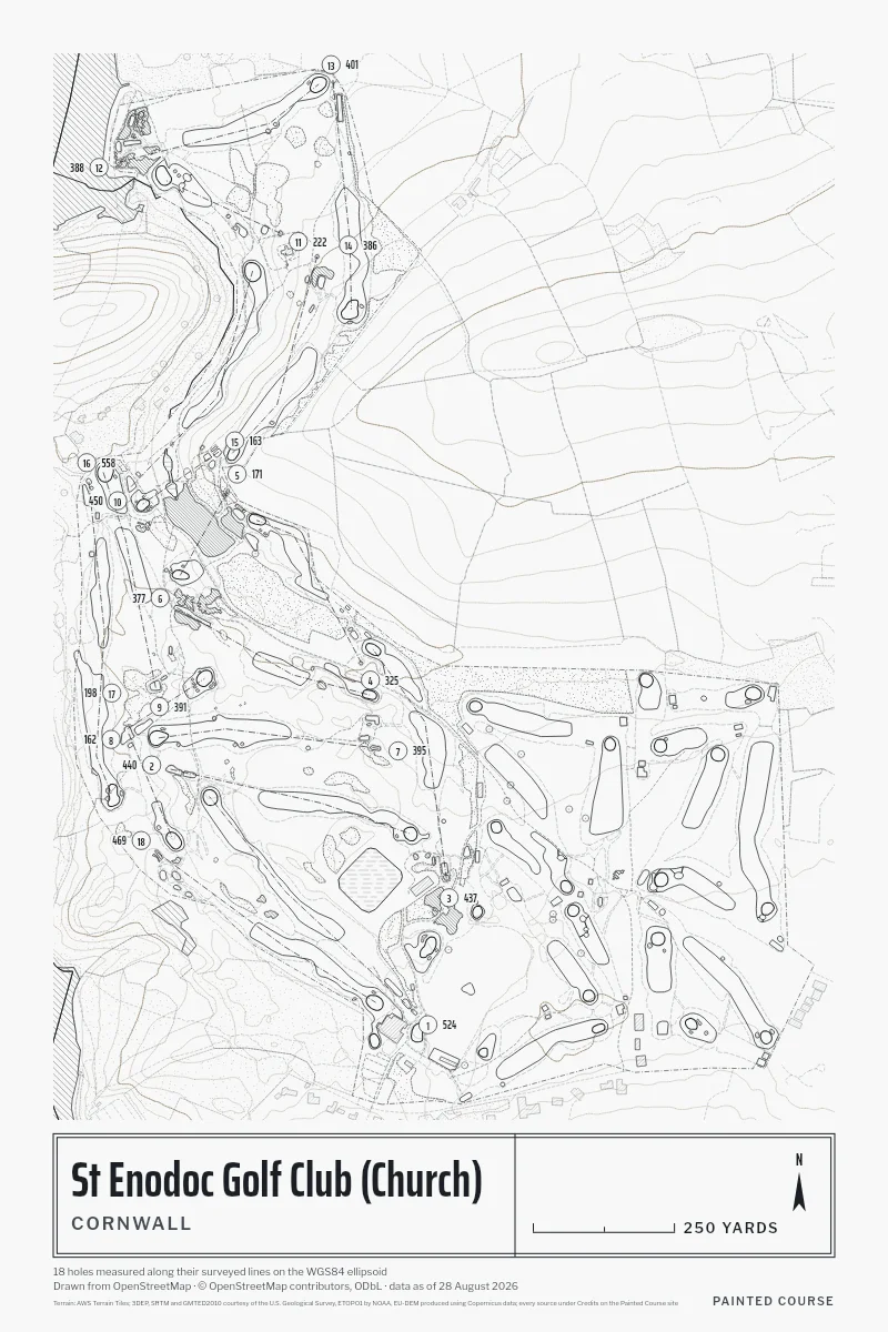 St Enodoc Golf Club (Church), Cornwall, England, drawn in the Architect style from its OpenStreetMap survey: 18 holes, each numbered at its tee with its measured yards beside it.