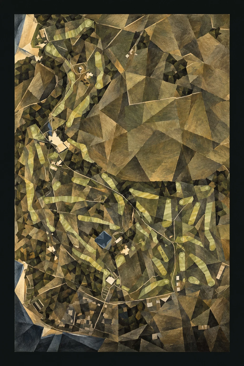 St Enodoc Golf Club (Church), Cornwall, England, seen from above and painted in the Cubist manner after Picasso and Braque: the routing of its 18 holes, its greens and its bunkers, in paint.