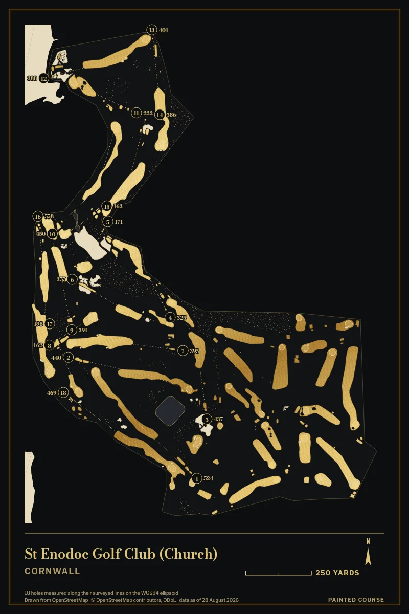 St Enodoc Golf Club (Church), Cornwall, England, drawn in the Gilt style from its OpenStreetMap survey: 18 holes, each numbered at its tee with its measured yards beside it.