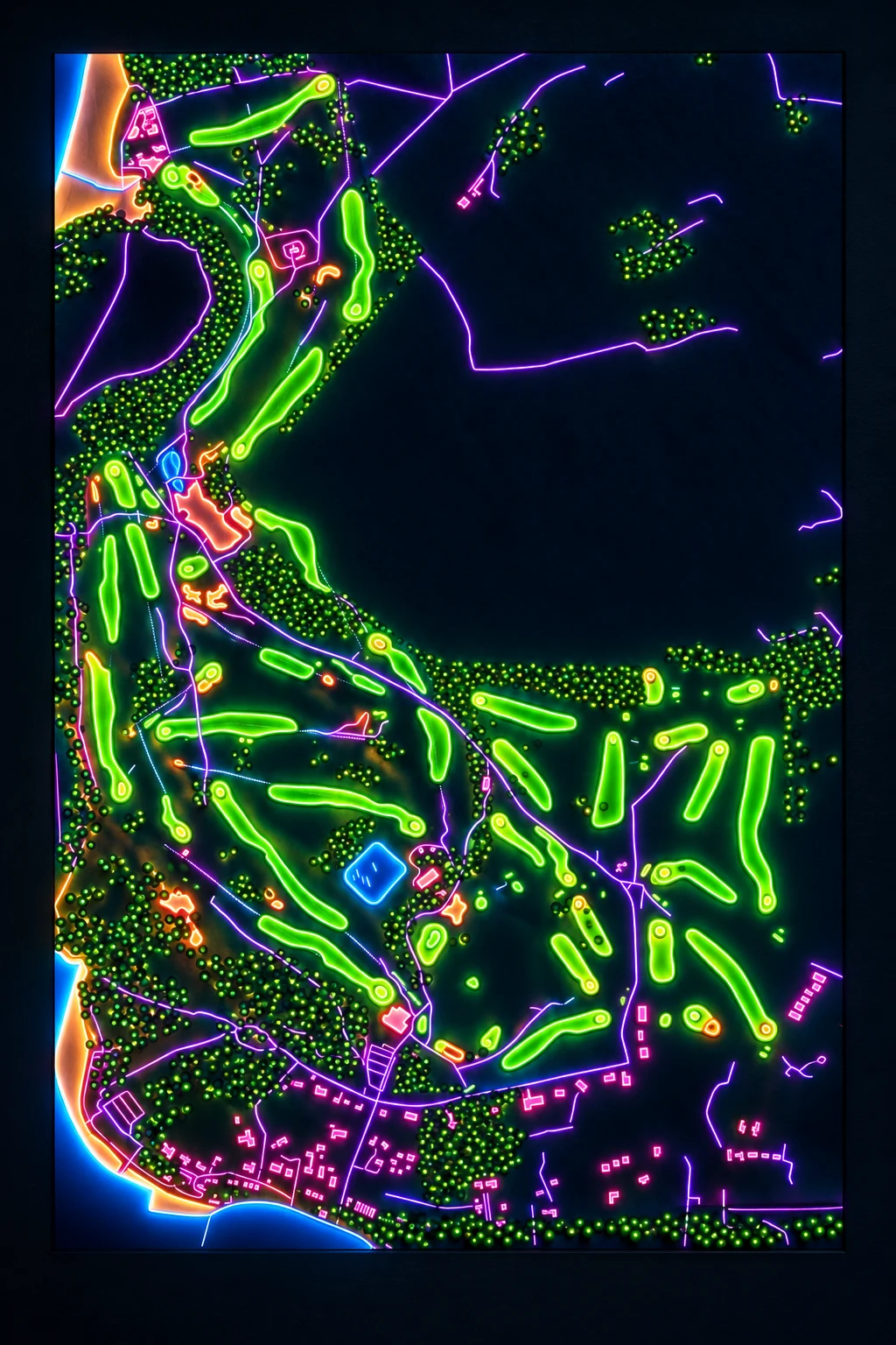 St Enodoc Golf Club (Church), Cornwall, England, seen from above and painted in the Neon manner: the routing of its 18 holes, its greens and its bunkers, in paint.