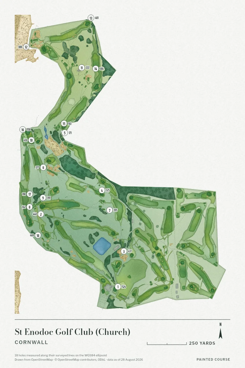 St Enodoc Golf Club (Church), Cornwall, England, drawn in the Watercolour style from its OpenStreetMap survey: 18 holes, each numbered at its tee with its measured yards beside it.