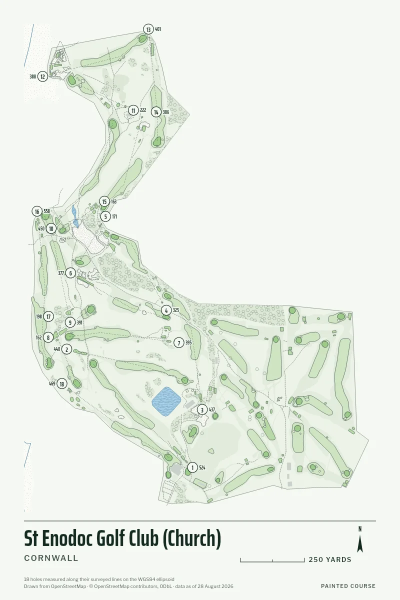 St Enodoc Golf Club (Church), Cornwall, England, drawn in the Yardage style from its OpenStreetMap survey: 18 holes, each numbered at its tee with its measured yards beside it.