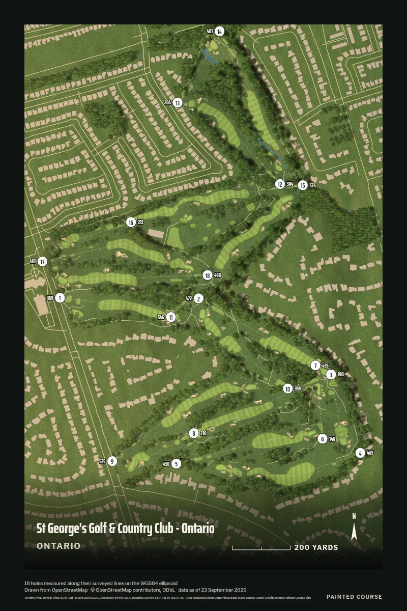 St George's Golf & Country Club - Ontario, Ontario, Canada, drawn in the Aerial style from its OpenStreetMap survey: 18 holes, each numbered at its tee with its measured yards beside it.
