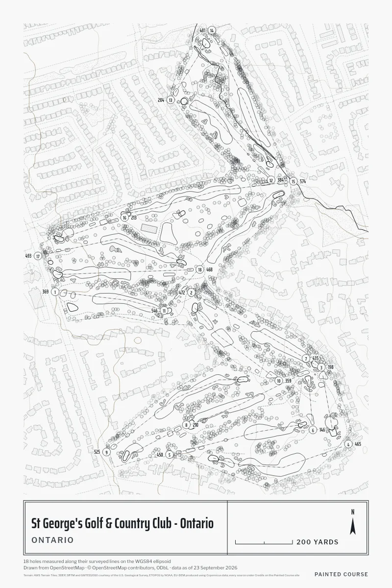 St George's Golf & Country Club - Ontario, Ontario, Canada, drawn in the Architect style from its OpenStreetMap survey: 18 holes, each numbered at its tee with its measured yards beside it.