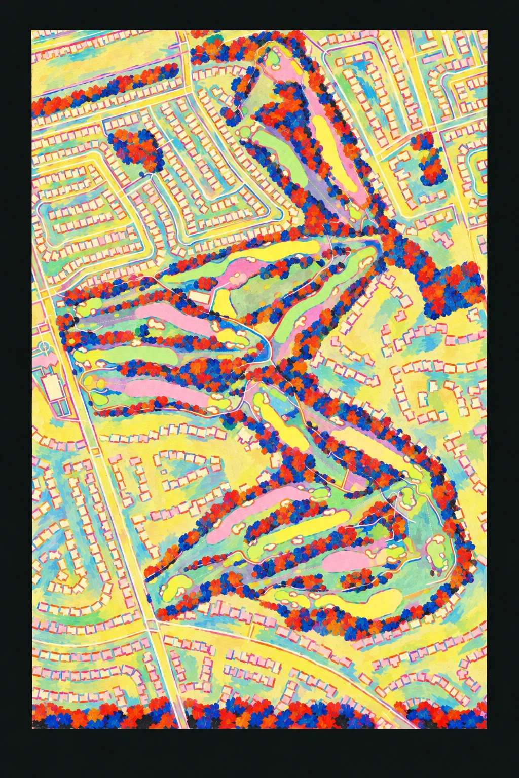 St George's Golf & Country Club - Ontario, Ontario, Canada, seen from above and painted in the Fauve manner after the Fauves of 1905: the routing of its 18 holes, its greens and its bunkers, in paint.