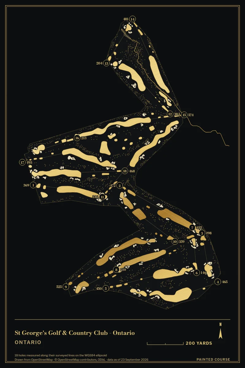 St George's Golf & Country Club - Ontario, Ontario, Canada, drawn in the Gilt style from its OpenStreetMap survey: 18 holes, each numbered at its tee with its measured yards beside it.