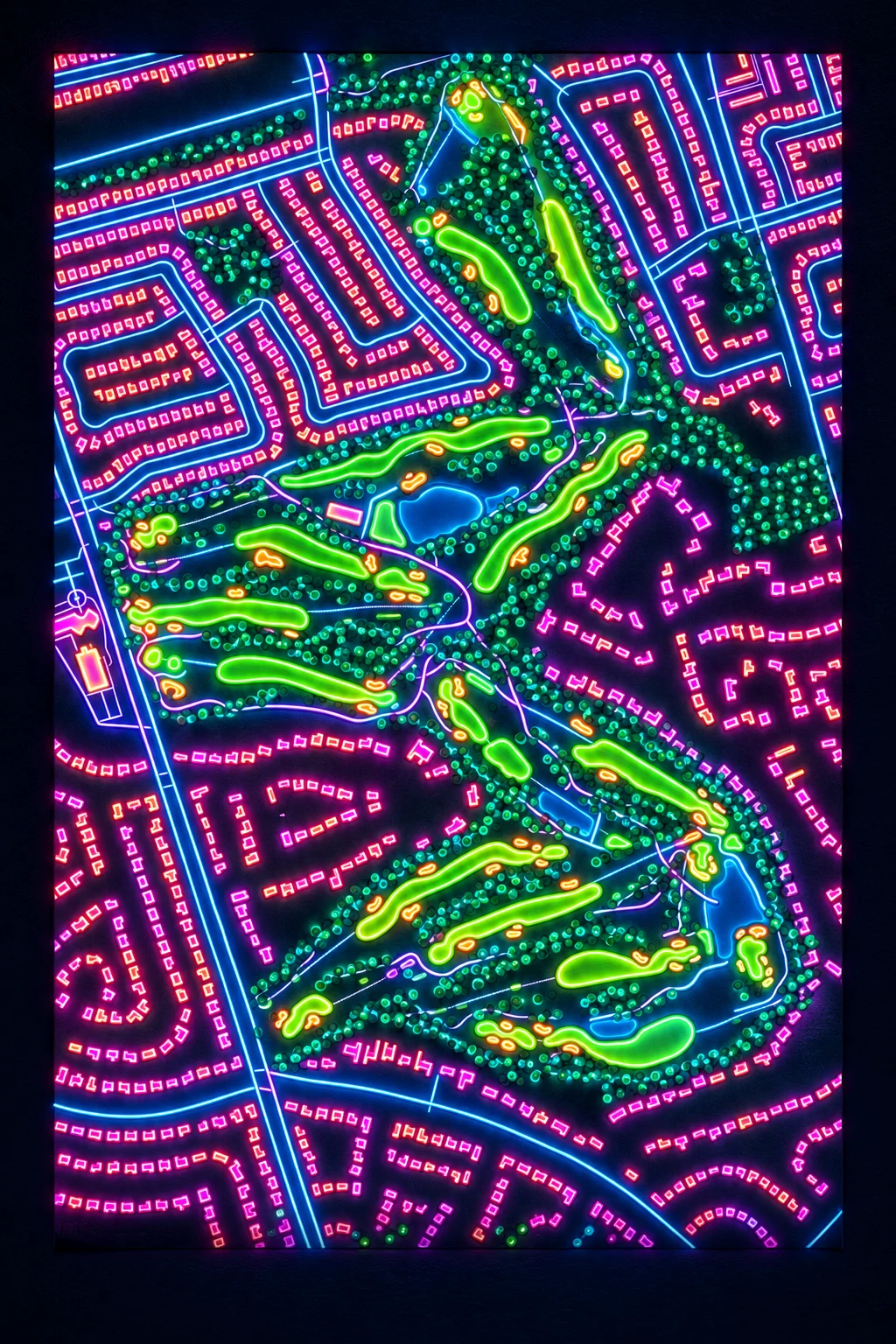 St George's Golf & Country Club - Ontario, Ontario, Canada, seen from above and painted in the Neon manner: the routing of its 18 holes, its greens and its bunkers, in paint.