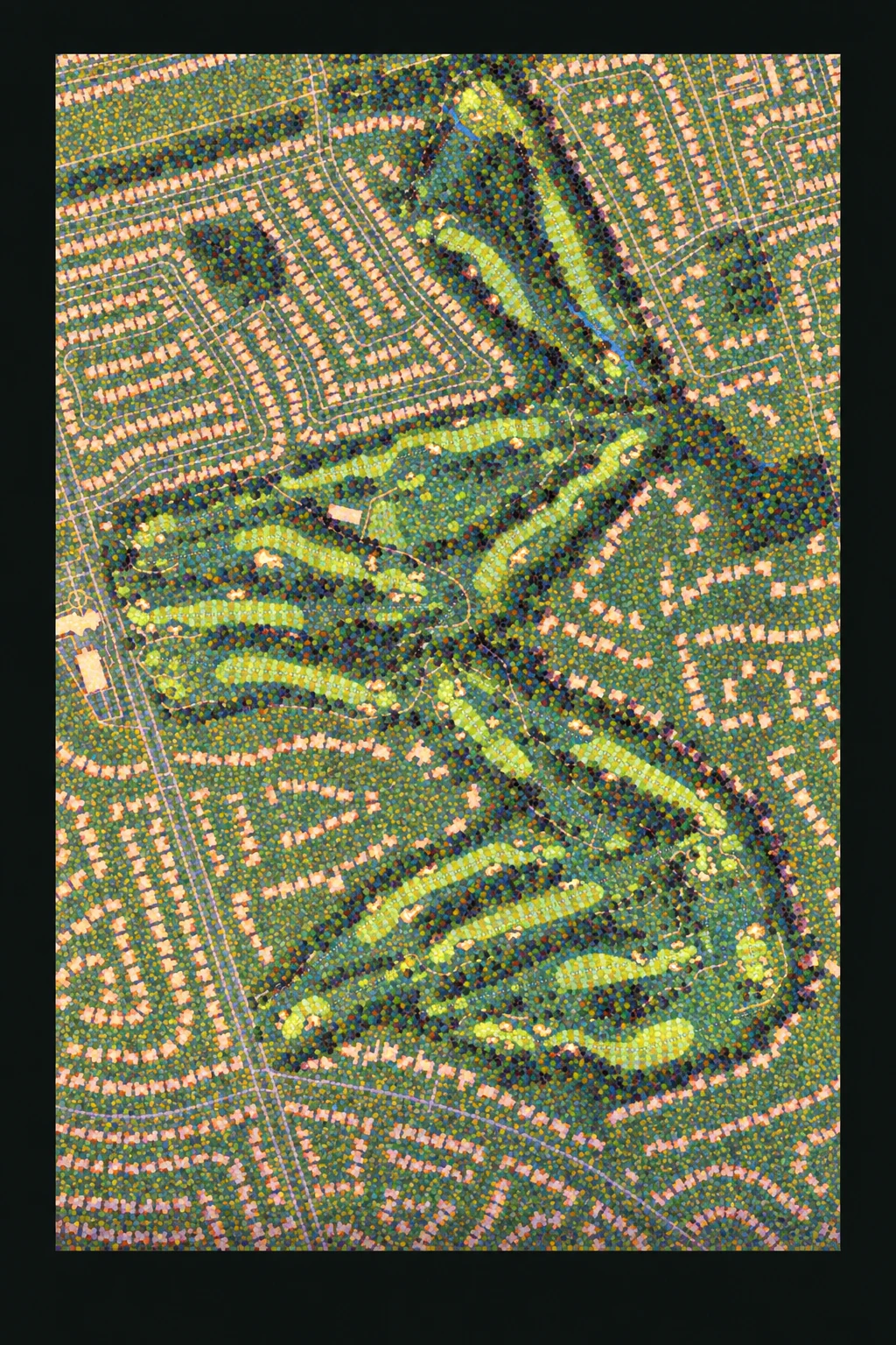 St George's Golf & Country Club - Ontario, Ontario, Canada, seen from above and painted in the Pointillist manner after Georges Seurat: the routing of its 18 holes, its greens and its bunkers, in paint.