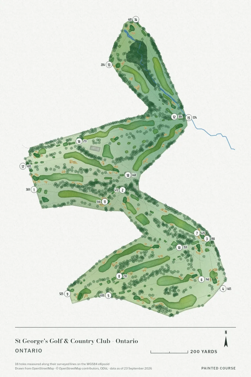 St George's Golf & Country Club - Ontario, Ontario, Canada, drawn in the Watercolour style from its OpenStreetMap survey: 18 holes, each numbered at its tee with its measured yards beside it.