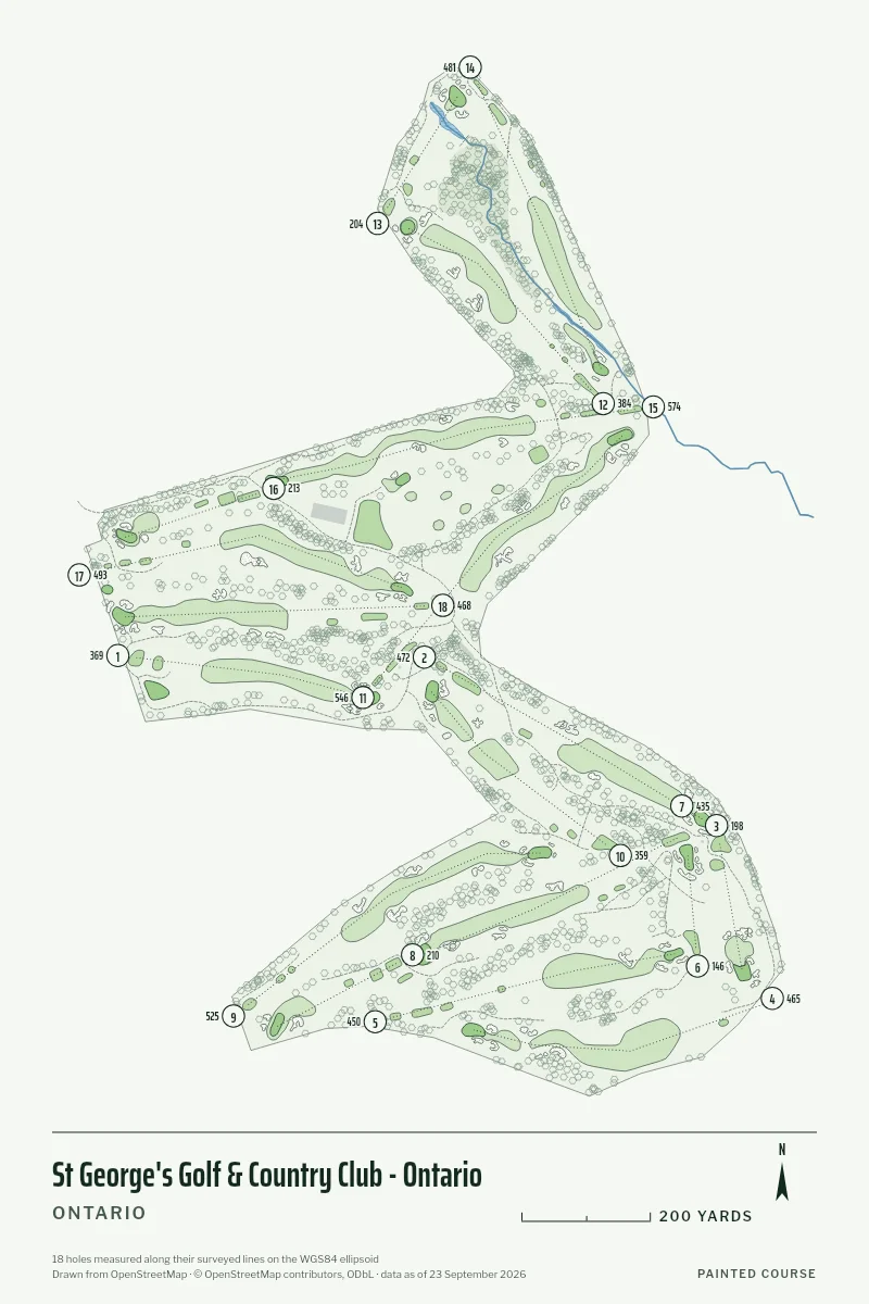 St George's Golf & Country Club - Ontario, Ontario, Canada, drawn in the Yardage style from its OpenStreetMap survey: 18 holes, each numbered at its tee with its measured yards beside it.