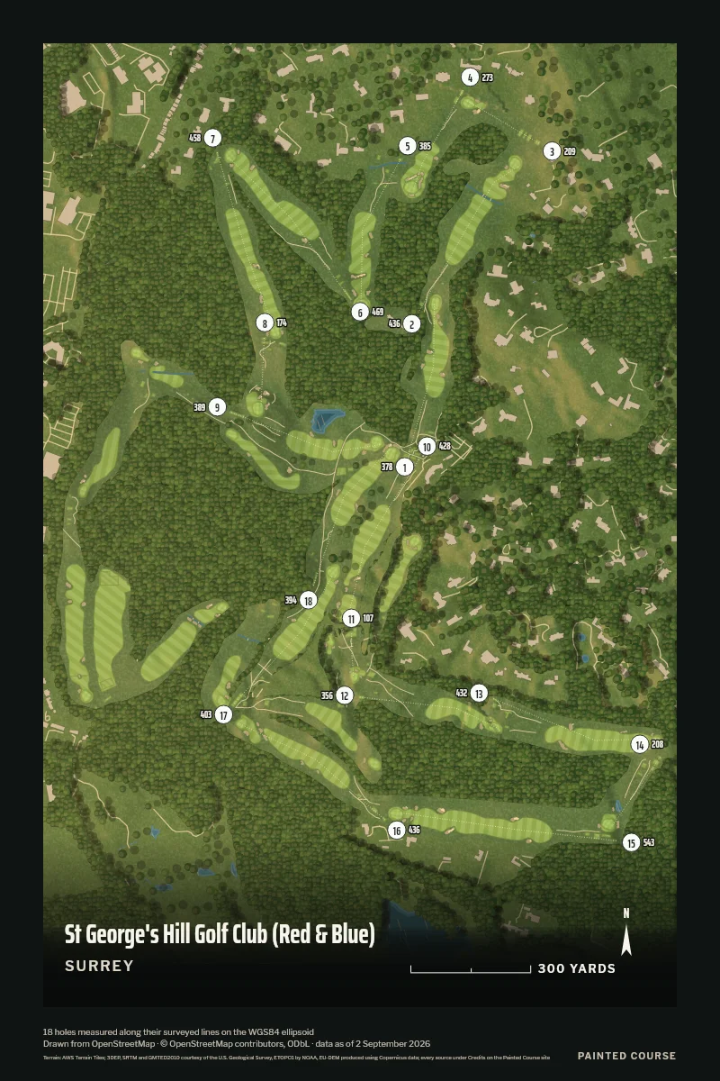 St George's Hill Golf Club (Red & Blue), Surrey, England, drawn in the Aerial style from its OpenStreetMap survey: 18 holes, each numbered at its tee with its measured yards beside it.