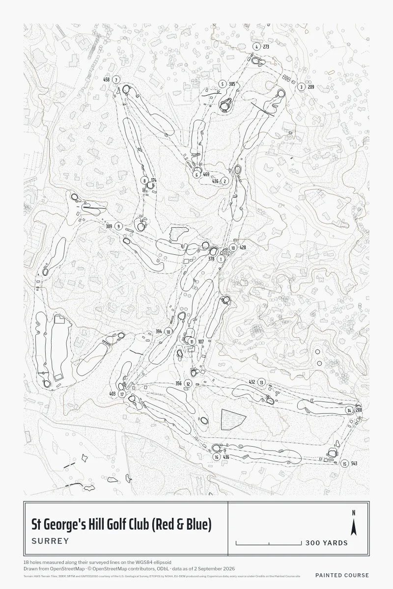 St George's Hill Golf Club (Red & Blue), Surrey, England, drawn in the Architect style from its OpenStreetMap survey: 18 holes, each numbered at its tee with its measured yards beside it.