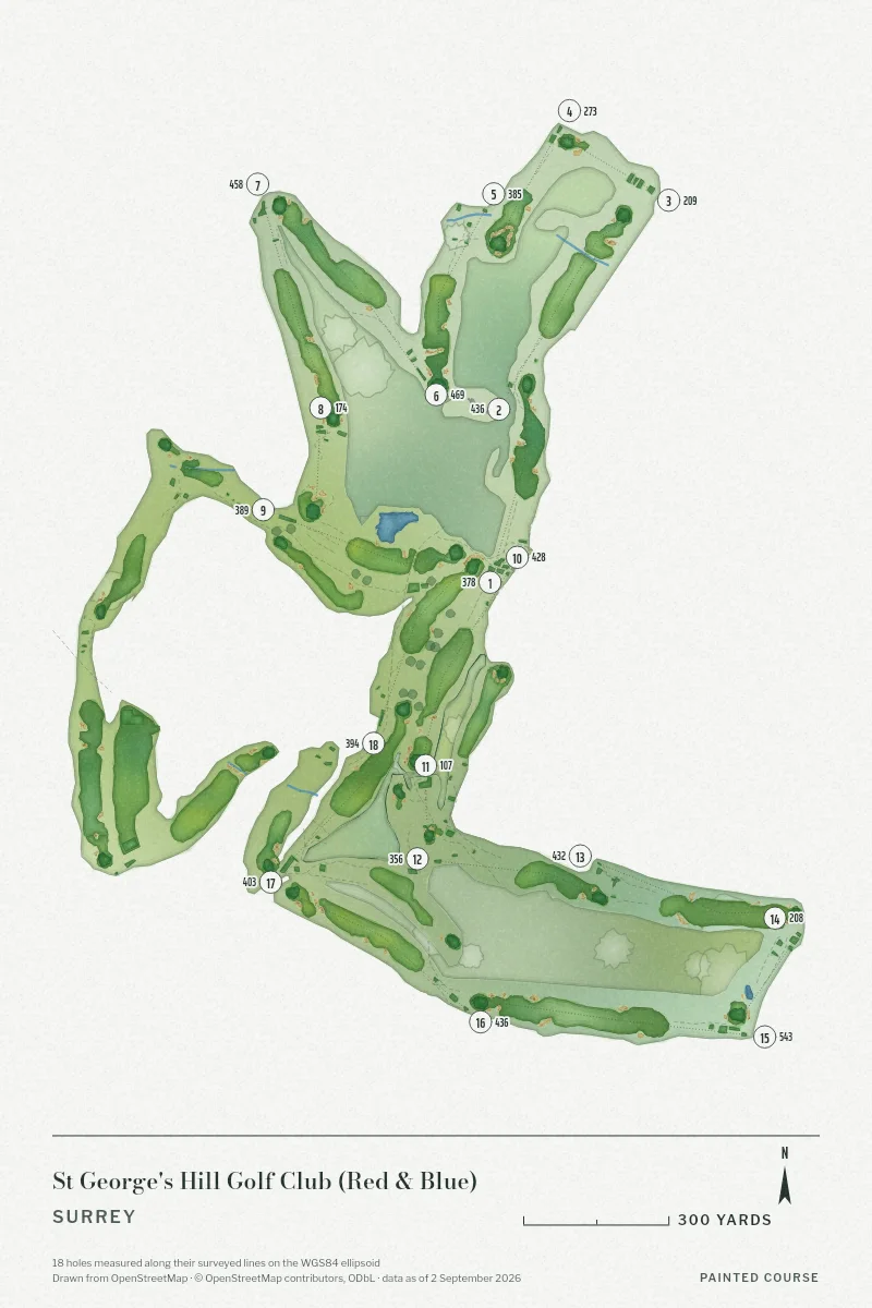 St George's Hill Golf Club (Red & Blue), Surrey, England, drawn in the Watercolour style from its OpenStreetMap survey: 18 holes, each numbered at its tee with its measured yards beside it.