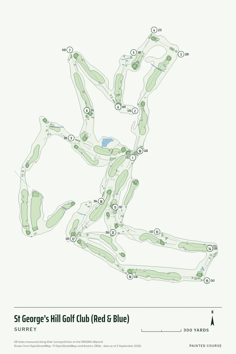 St George's Hill Golf Club (Red & Blue), Surrey, England, drawn in the Yardage style from its OpenStreetMap survey: 18 holes, each numbered at its tee with its measured yards beside it.