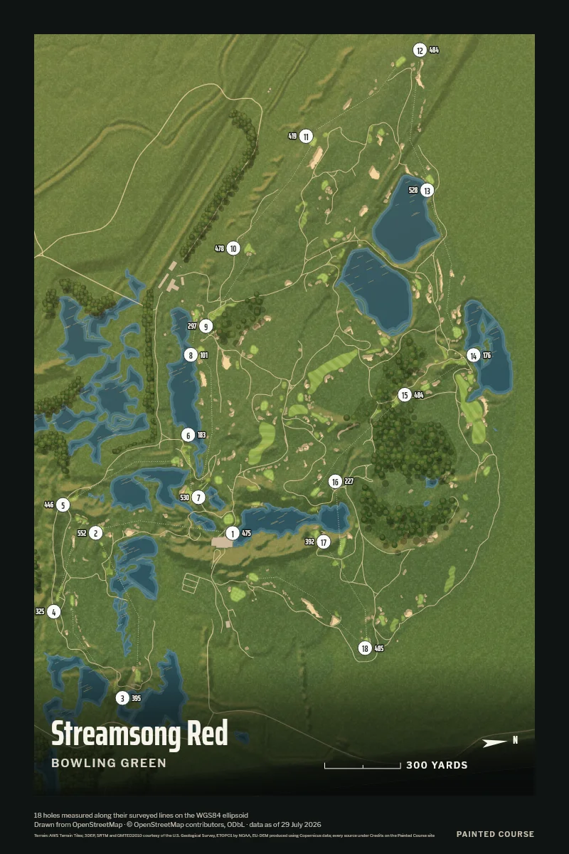 Streamsong Red, Bowling Green, Florida, USA, drawn in the Aerial style from its OpenStreetMap survey: 18 holes, each numbered at its tee with its measured yards beside it.