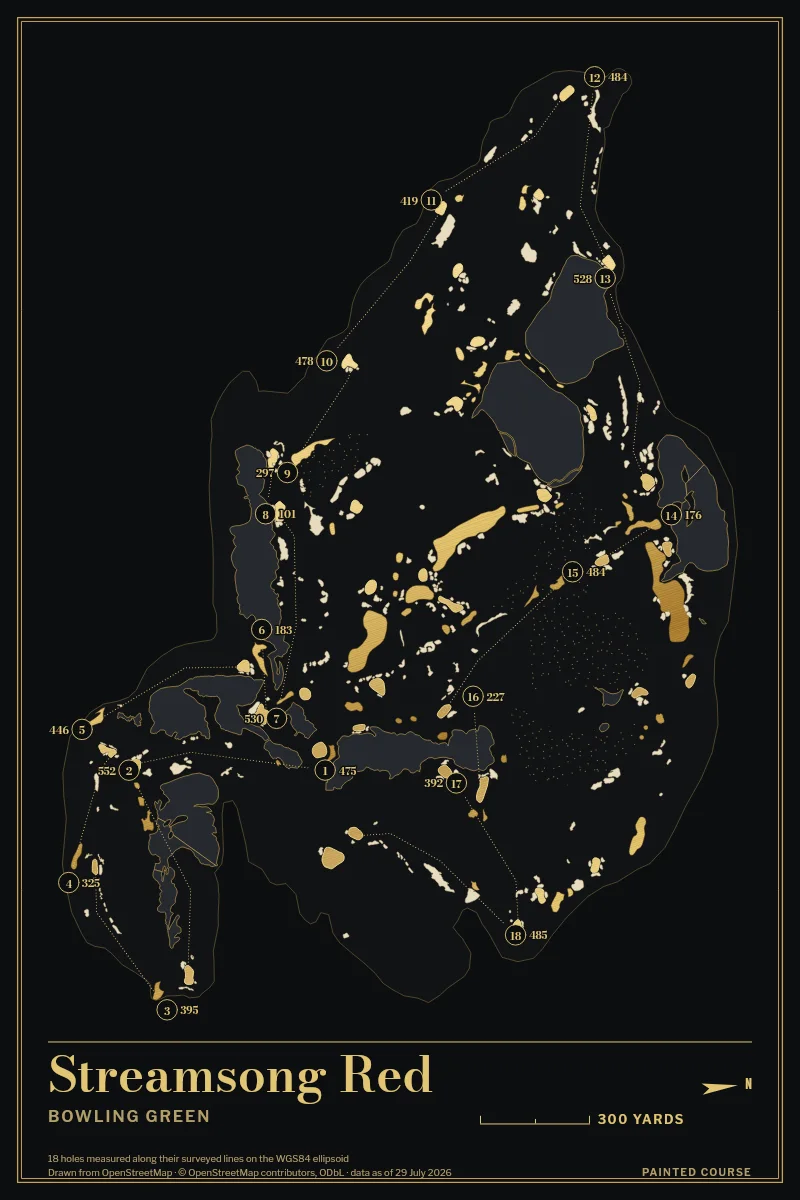 Streamsong Red, Bowling Green, Florida, USA, drawn in the Gilt style from its OpenStreetMap survey: 18 holes, each numbered at its tee with its measured yards beside it.